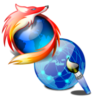 Logo création et web représentant un pinceau pour la création, un globe de couleur bleu qui représente la toile du web et le symbole de fire fox un renard couleur de feu représentant la navigation sur le web, le logo est plaçé devant le titre de la rubrique création et web
